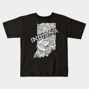 Mandala art map of Indiana with text in white Kids T-Shirt